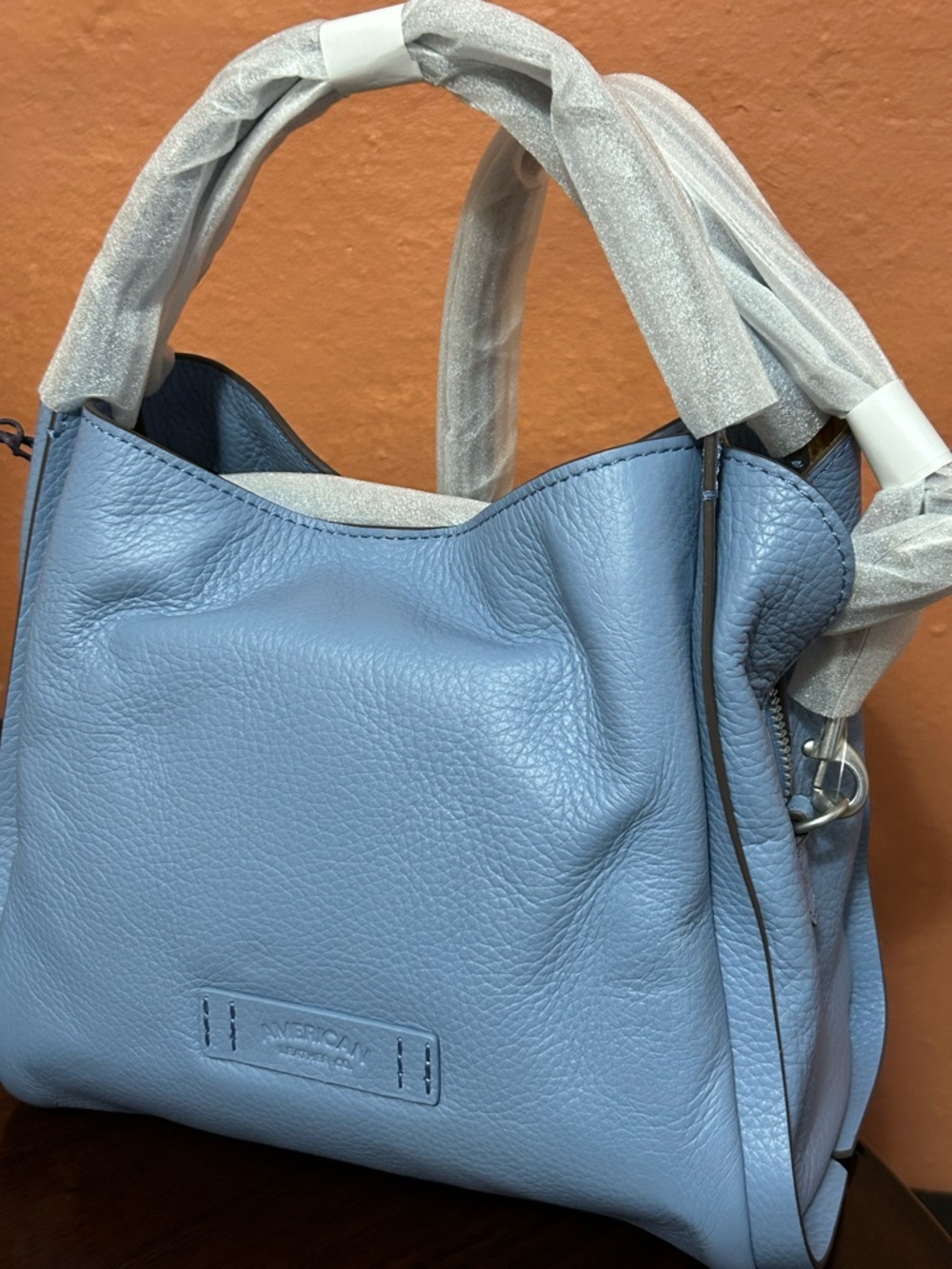 American Leather triple compartment Light Blue Leather Shoulder Bag NWT